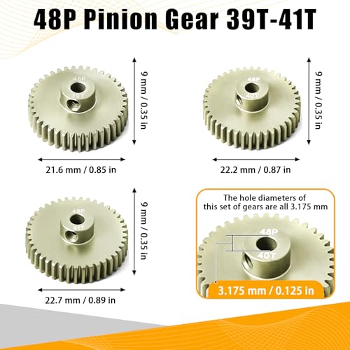 3PCS 48P Pinion Gear Set 7075 Aluminum Alloy 3.175mm Shaft 39T 40T 41T with Screws & Hex for 1/10 RC Arrma Traxxas HPI Sakura Losi Axial SCX10 Tamiya Monster Truck Buggy Motor Gears Upgrade - size: 39 40 41T