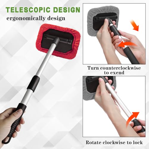 Windshield Cleaning Tool, Car Cleaning Window Tool, Car Window Cleaner with Unbreakable Extendable Handle and Microfiber Cloth, Scratch-Free Car Cleaning Brush for Auto Glass Wiper (Red) - color: Red