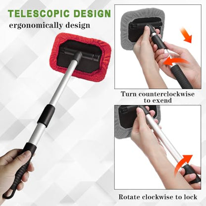 Windshield Cleaning Tool, Car Cleaning Window Tool, Car Window Cleaner with Unbreakable Extendable Handle and Microfiber Cloth, Scratch-Free Car Cleaning Brush for Auto Glass Wiper (Red) - color: Red