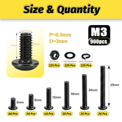 KADRICK 900Pcs M3 Screw Kit,Hex Socket Button Head M3 Bolts Length 6mm-25mm | M3 Screw Assortment,M3 Screws with Nuts Washers,Class 10.9 Alloy Steel,Black Oxide Finish - size: M3 900Pcs 6-25mm
