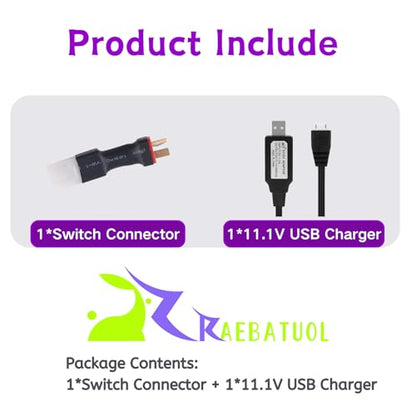 RC Battery Accessory Kit,No Wires Tamiya Male (White) Connector Switch to Deans T Female (red) Adapter, for Remote Control Toy Boat FPV Drone Car etc - 1 Pcs with 11.1V USB Charger Cable