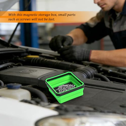 Car Collapsible Magnetic Parts Tray, Foldable Silicone Magnetic Vehicle Tool Tray Organizer for Bolts Screws Nuts, Square Automotive Washers Pins Magnet Bowl, Universal Fit (Green) - color: Green