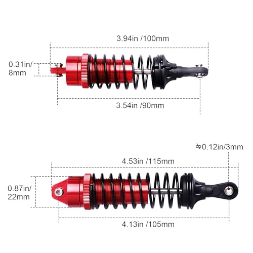4PCS Aluminum Front & Rear RC Shocks for 1/10 Traxxas Slash 4x4 Compatible with Rustler Stampede Hoss 4WD Replace 5862 (Red) - color: Red