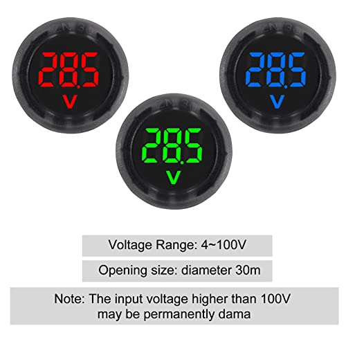 3PCS DC 4-100V LED Digital Display Circular Two-Wire Voltmeter DC Digital Voltmeter Head Display Reverse Connection Protection - color: Blue+Green+Red