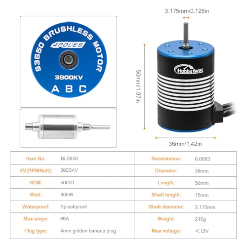 Waterproof BL3650 3900KV Brushless Motor 3.175mm Shaft with 60A Brushless ESC Electric Speed Controller with Heatsink and Programming Card for 1/10 Remote Control Car Truck, Black & Blue - color: Black & Blue