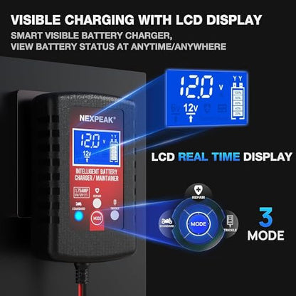 3-Pack 1.75A Car Battery Charger, 6V &12V Smart Battery Trickle Charger | Fully automatic 6V/12V Battery Charger, LCD screen monitors real-time status, Multi-protection for cars, boats, motorcycles