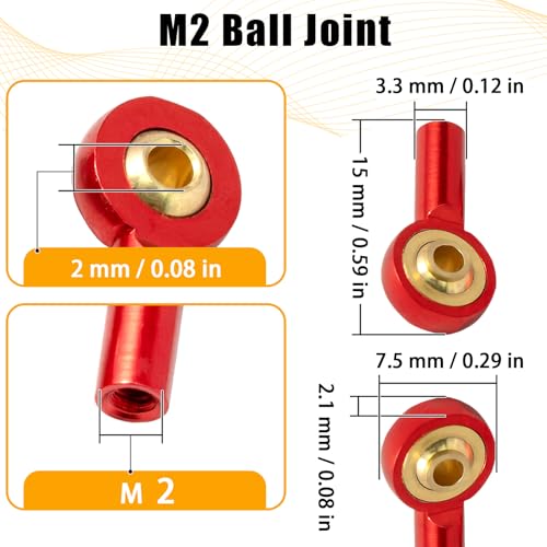 10PCS M2 Tie Rod End Ball Joint Aluminum Ball Head Holder 2mm Steering Linkage Head Joint 15mm Upgrade Parts Compatible with HSP Tamiya Mini 4WD RC Car Truck Crawler/Boat/Airplane Models - color: Red