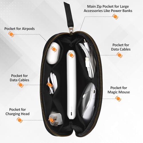 Leather Tech Pouch for Cables Chargers Phone | Tech Bag | Zipper Travel Accessory Pouch | Electronic Organizer Case Travel Bag (Black) - color: Black