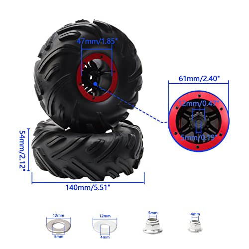 4pcs RC 2.2 Inch Crawler Tires Inflatable OD 140mm Mud Badland Tractor Tread Tyres and 12mm Wheel Rims Lock Nuts for 1:10 Monster Truck Crawling Car Traxxas Maxx Axial RC4WD, Red - color: Red