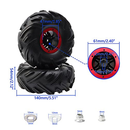 4pcs RC 2.2 Inch Crawler Tires Inflatable OD 140mm Mud Badland Tractor Tread Tyres and 12mm Wheel Rims Lock Nuts for 1:10 Monster Truck Crawling Car Traxxas Maxx Axial RC4WD, Red - color: Red