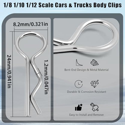 100pcs Universal RC Body Clips Pins - Compatible with Traxxas, Arrma, Redcat, Axial, HPI, HSP, Exceed, Himoto, Losi, RC4WD, Tamiya, Fits 1/8, 1/10, 1/12 Scale RC Cars, Trucks, Crawlers, Buggies - color: Silver