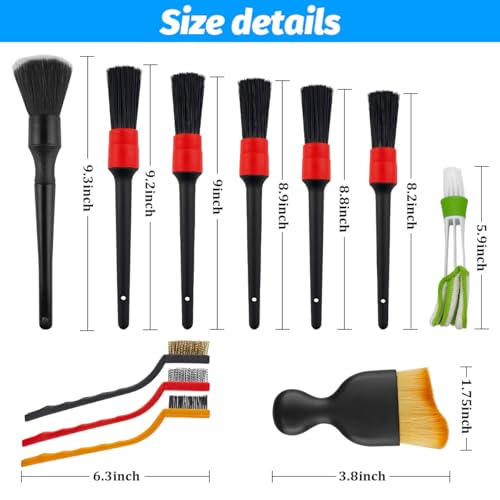 11PCS Car Detailing Brush Set, Soft Boar Hair and Steel Wire & Air Vent Dust Brush, Multipurpose Auto Detailing Cleaning Kit for Vent Leather Seat Wheel, Universal for Vehicles
