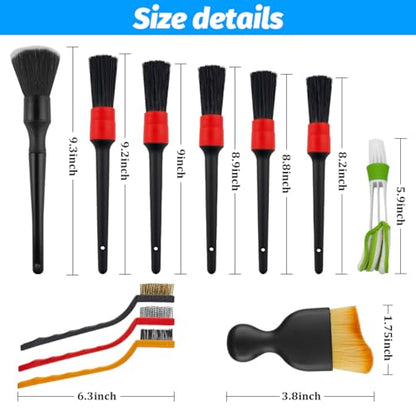 11PCS Car Detailing Brush Set, Soft Boar Hair and Steel Wire & Air Vent Dust Brush, Multipurpose Auto Detailing Cleaning Kit for Vent Leather Seat Wheel, Universal for Vehicles