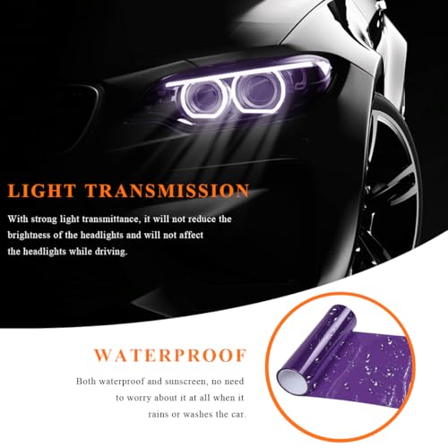 Sun Walker Car Light Tint Film, 12 x 48 Inch Waterproof Taillight Wrap Film Roll with Squeegee & Cutter, Self-Adhesive Vinyl Sticker Sheet Roll for Headlights Fog Lights Tail Lights (Purple) - color: Purple