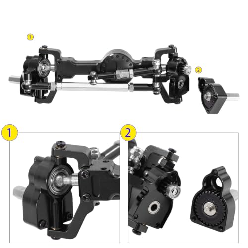 Metal Front & Rear Portal Axle Assembly Set for WPL C14 C24 B14 B24 B16 B36 C64 C64-1 C74 C74-1, Aluminum Axle Housing with Steel Gears, Steering Cups Tie Rods, 5mm RC Upgrade Parts (Black) - color: Black