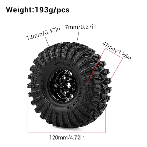 1.9" Beadlock Wheels and Tires 120mm (4.72in) for TRX4 SCX10 1/10 RC Crawler Upgrade Parts (Black-2, 4Pcs) - color: Black-2