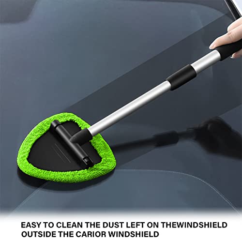 Moly Magnolia Windshield Cleaner Tool, 4 Pads, 19.29 Inch Reach, Green | For sedans, SUVs, trucks, washable microfiber covers, 180° swivel head, aluminum shaft, PP grip, car interior accessories - color: Green