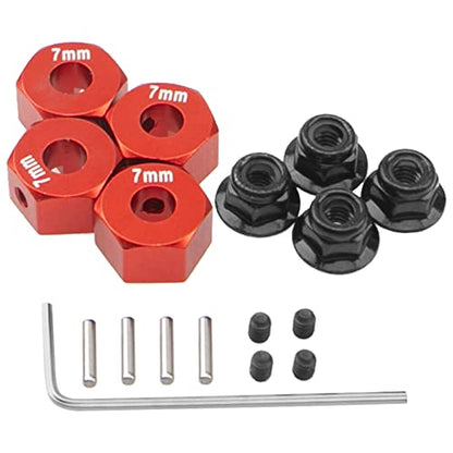 Metal 12mm Hex Wheel Hubs 7mm Thick Drive Adapters with Flanged Lock Nuts Compatible with Traxxas 1/10 4WD Rustler Slash Stampede RC Car，Replace Part 1654 (Red) - color: Red