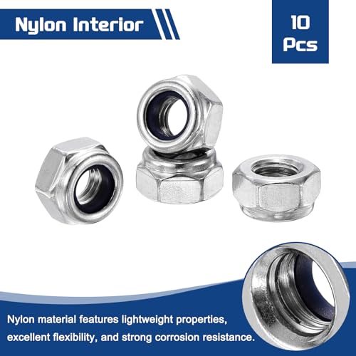 10Pcs Nylon Locking Hex Nuts - [M6-1], 304 Stainless Steel Hardware Nuts, Silver, for Automotive, Aerospace, Industrial Applications Use
