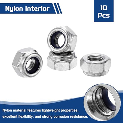 10Pcs Nylon Locking Hex Nuts - [M6-1], 304 Stainless Steel Hardware Nuts, Silver, for Automotive, Aerospace, Industrial Applications Use