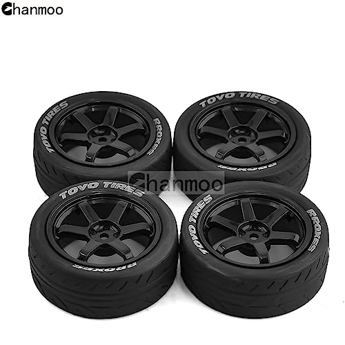 1/10 RC Rally Racing Tires and Plastic Drift Wheels 12mm Hex On Road Tyres for 1:10 Touring Street Car Tamiya TT01 TT02 XV01 TA06 A959 PTG2 144001 HPI KYOSHO HSP PTG2 Traxxas 4PCS (Black) - color: Black