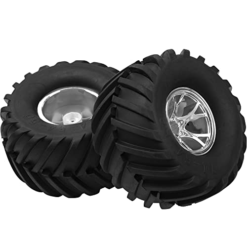 5.31''OD Rubber Tires & Wheel Rim 12mm Hex Hub Compatible with Traxxas Rustler HPI HSP Volcano Tamiya Exceed Himoto 1/10 Off-Road Monster Truck,135mmx73mm (Silver) - color: Silver
