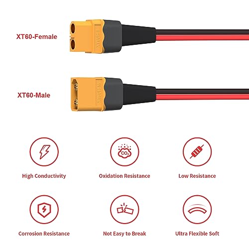 ELFCULB 12AWG 2FT XT60 Extension Cable 2 6 10 20 35 50 75 100FT XT60 Female to Male Connector for RC Battery Portable Power Station Solar Panel(2FT) | XT60 connector cable with stranded tinned copper wire for battery charging, power distribution, and equi