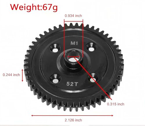 Hardened Steel 46T and 52T RC Main Spur Gear M1.0 Upgrade Parts for 1/8 Sledge Monster Truck (Black)
