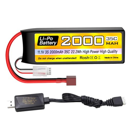 sea jump 3S Lipo Battery 11.1V 2000mAh 35C with T Plug and USB Charging Cable Suitable for RC Car Truck Boat， RC Quadcopter Aircraft, FPV Drone Battery