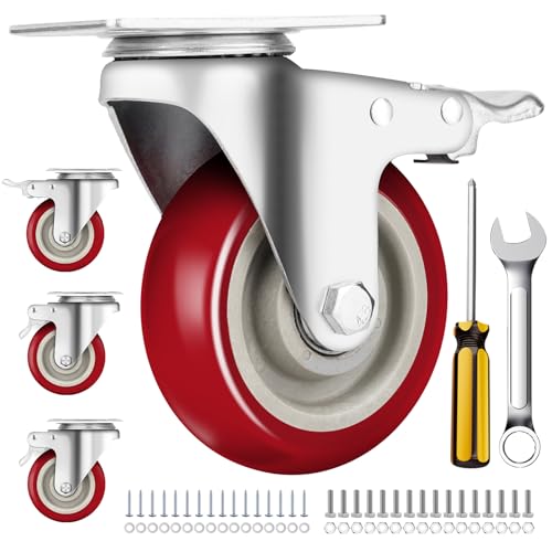 4 Inch Plate Caster Set of 4, Heavy Duty PU Swivel Wheel with Dual Brakes | Smooth 360° rotation,dual locking brake,silent PU wheels,2600lbs load capacity - color: Red, size: 4 IN