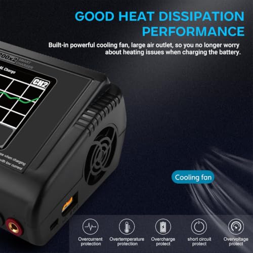 H200X2 Dual Lipo Battery Charger Touch Screen AC 200W / DC 400W 12A Smart Balance Charger for 1-6S LiPo Li-ion Life HV & 1-15S NiMH NiCd RC Car Drone Airplane Boat