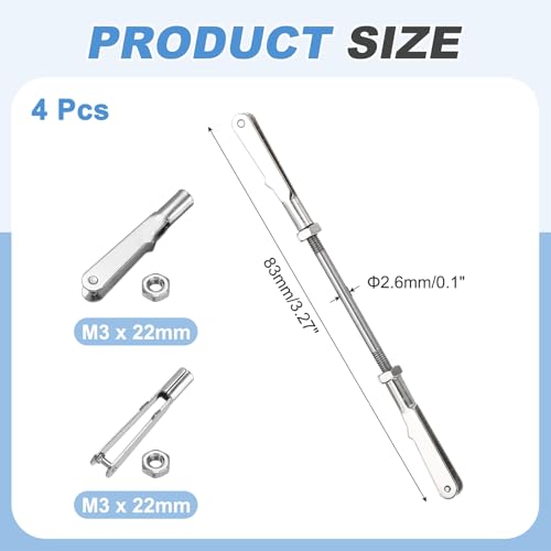 MECCANIXITY 4 Pcs Metal Clip Pushrod Connector Linkage, 304 Stainless Steel M3 Threaded Rod with Metal Clip for RC Plane Fixed Wing Aircraft DIY Models Parts, 83mm/3.27" - size: M3 x 83mm