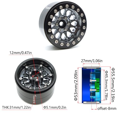 Rc 1.9 Inch Beadlock Wheel Negative Offset 8mm Aluminum Wheel Rim Hex 12mm for 1/10 RC Crawler Axial SCX10 TRX4 VS4-10 Gen8 MST CFX 4PCS (Grey Black) DK1908 - color: Grey Black
