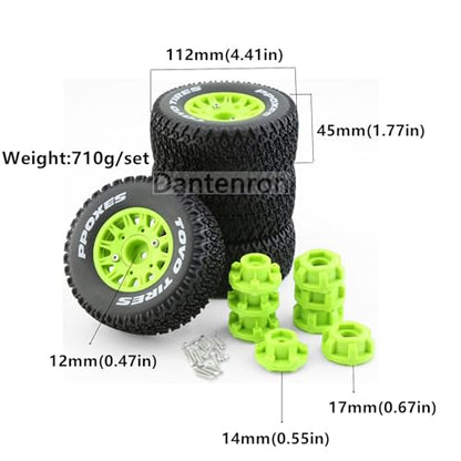 1/10 1/8 Truck Wheels and Tires 12mm 14mm 17mm Hex OD 4.41" RC Short Course Tires for 1:8 1:10 Off Road Truck Car Traxxas Slash 2WD 4×4 Rc4wd Arrma Senton Axial Losi Redcat 4PCS (Green) - color: Green