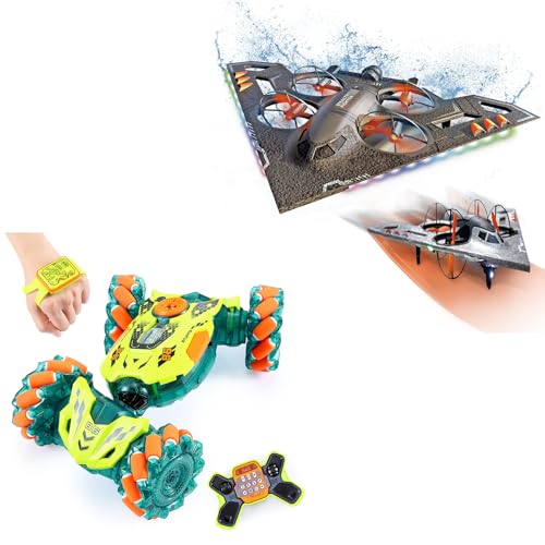 A ALPHA Remote Control Aircraft & Stunt Car Bundle – 3-in-1 RC Jet Plane (Air Land Water) + Gesture Control 360° Flip RC Car, 2.4GHz Toy Set for Kids Boys Girls