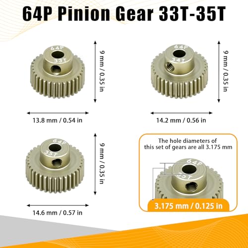 64P Pinion Gear 3.175mm Shaft 7075 Aluminum Alloy Motor Gears,0.6 Metric Pitch 33 34 35T with 1/8 Hole Pinion Gear Compatible with 1/10 Arrma HPI Kyosho Losi Axial Traxxas Tamiya RC Car - size: 33 34 35T