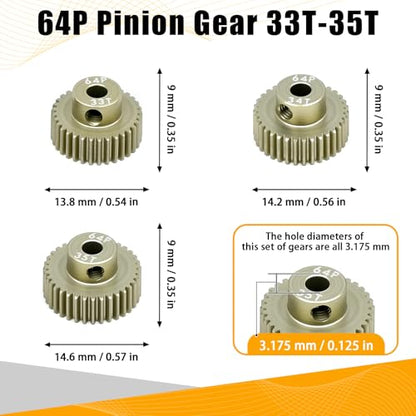 64P Pinion Gear 3.175mm Shaft 7075 Aluminum Alloy Motor Gears,0.6 Metric Pitch 33 34 35T with 1/8 Hole Pinion Gear Compatible with 1/10 Arrma HPI Kyosho Losi Axial Traxxas Tamiya RC Car - size: 33 34 35T