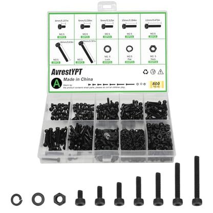800 Pcs M2.5 x 4mm/6mm/8mm/10mm/12mm/16mm/20mm Socket Head Screws M2.5 Long Screws Metric Screws Bolts Washers Nuts Kit Machine Screw Assortment Kit 12.9 Grade Alloy Steel Fully Threaded for Furniture - size: M2.5x4/6/8/10/12/16/20mm-800Pcs