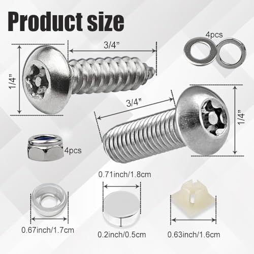 Anti Theft License Plate Screws, Tamper Resistant Licence Plate Kit, 1/4"(M6) Security Screws, Rust Proof Stainless Steel Bolts Fasteners Kit for Front Rear Frame Holder Mounting (Silver) - color: Silver