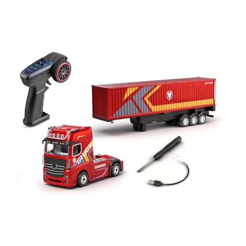 1/64 RC Container Truck Model, 2.4G 4WD Semi-Tractor Trailer with Independent Lifting Support Legs, Proportional Steering, 3-Speed Cruise Control & LED Sound System, Adult Desktop Hobbyist RTR (Red)