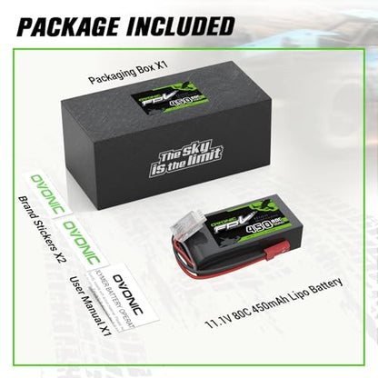 OVONIC 11.1V 80C 450mAh 3S Lipo Battery with JST Plug [1 Package Including 2 Batteries]