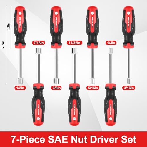 TOOLEAGUE 7Pcs SAE Nut Driver Set | 3/16, 1/4, 5/16, 11/32, 3/8, 7/16, 1/2 Inch, 3.5 Inch(1 Inch Hollow,2.5 Inch Solid) Shaft Nut Driver with Pass Through Design