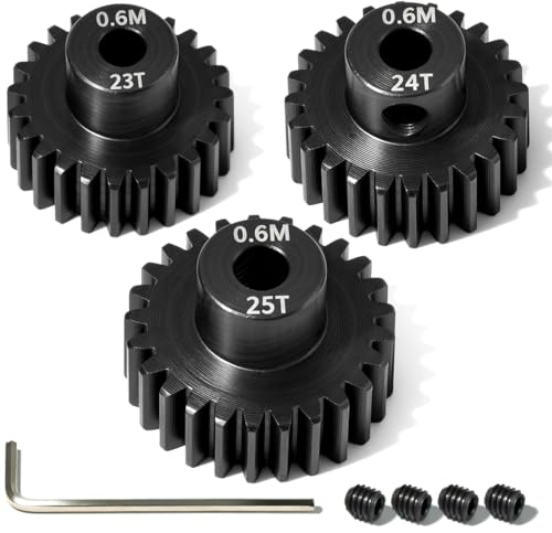 3PCS 0.6M Hardened Steel Pinion Gear Set with 3.175mm Shaft, 0.6 Metric Pitch 23T 24T 25T Pinion Gears for 540 550 Brushed Brushless Motor, Compatible with 1/10 Tamiya Redcat HSP HPI RC Car - size: 23 24 25T