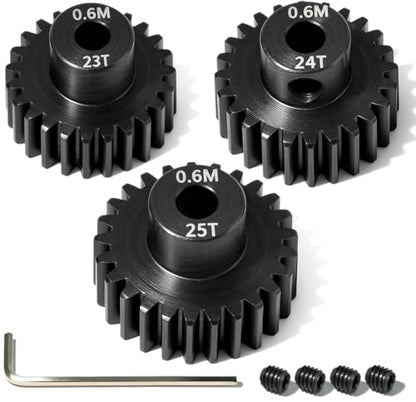 3PCS 0.6M Hardened Steel Pinion Gear Set with 3.175mm Shaft, 0.6 Metric Pitch 23T 24T 25T Pinion Gears for 540 550 Brushed Brushless Motor, Compatible with 1/10 Tamiya Redcat HSP HPI RC Car - size: 23 24 25T