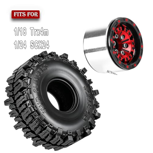 RC Aluminum (4PCS) 1.0 Wheel Rim Soft Rubber Tires&1.0 Beadlock Wheel Rim&Wheels Tires for 1/18 1/24 Trx4m SCX24 RC Crawler Car,Red - color: Red- (Rc Wheels Tires)