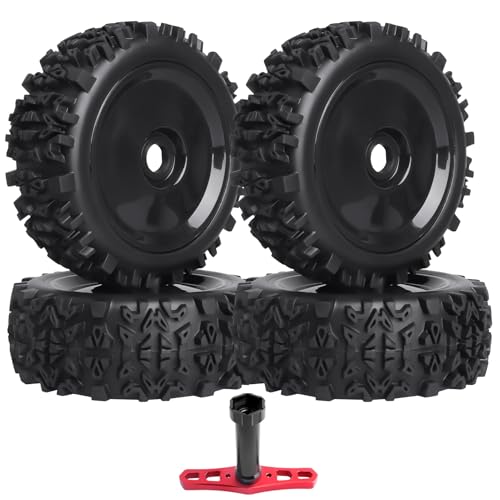 PreGlued 1/8 Buggy Tires 17mm Wheels Foam Inserts w/ 17mm Wheel Wrench for Arrma Typhon 3S 6S Losi HPI Redcat Racing Models, Set of 4 (Black Rims) - color: Black Rims