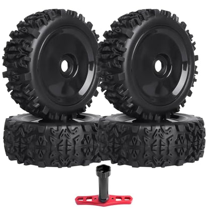 PreGlued 1/8 Buggy Tires 17mm Wheels Foam Inserts w/ 17mm Wheel Wrench for Arrma Typhon 3S 6S Losi HPI Redcat Racing Models, Set of 4 (Black Rims) - color: Black Rims