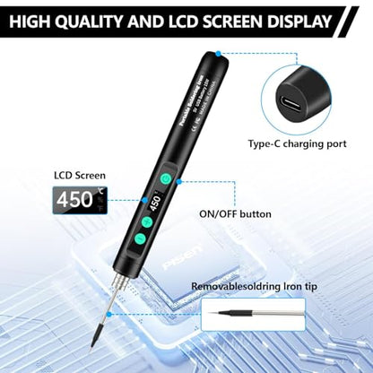 Portable Wireless Soldering Kit—Features a 1100mAh rechargeable USB-C soldering pen LCD screen for adjustable temperature settings. home appliance repairs and DIY projects. 8-second rapid heat-up.
