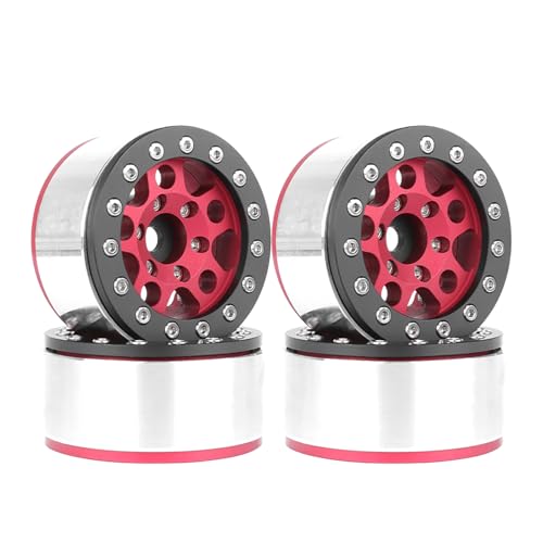 4PCS 1.55 Inch Aluminum Alloy Metal 5Spoke Beadlock Wheel Rim Hubs Replacement Accessory for AX90069 D90 TF2 CC01 Tamiya 1/10 RC Crawler Car Upgrade Parts (Black Red) - color: Black Red