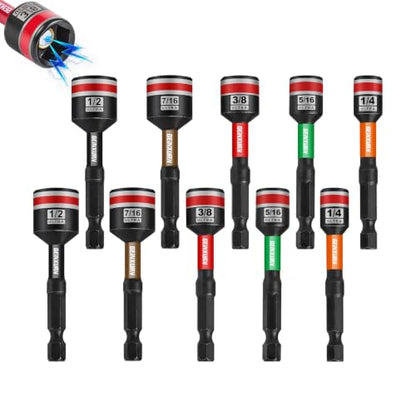 Impact Nut Driver Set, 10 Pieces 2.56”Long 1/4”5/16”3/8”7/16” 1/2”6 Point Alloy Steel Magnetic SAE Nut Setter Set Use For Require Installing 1/4 Hex Shank Impact Driver with Case Box - size: 2.56", style: MIXS-10pcs